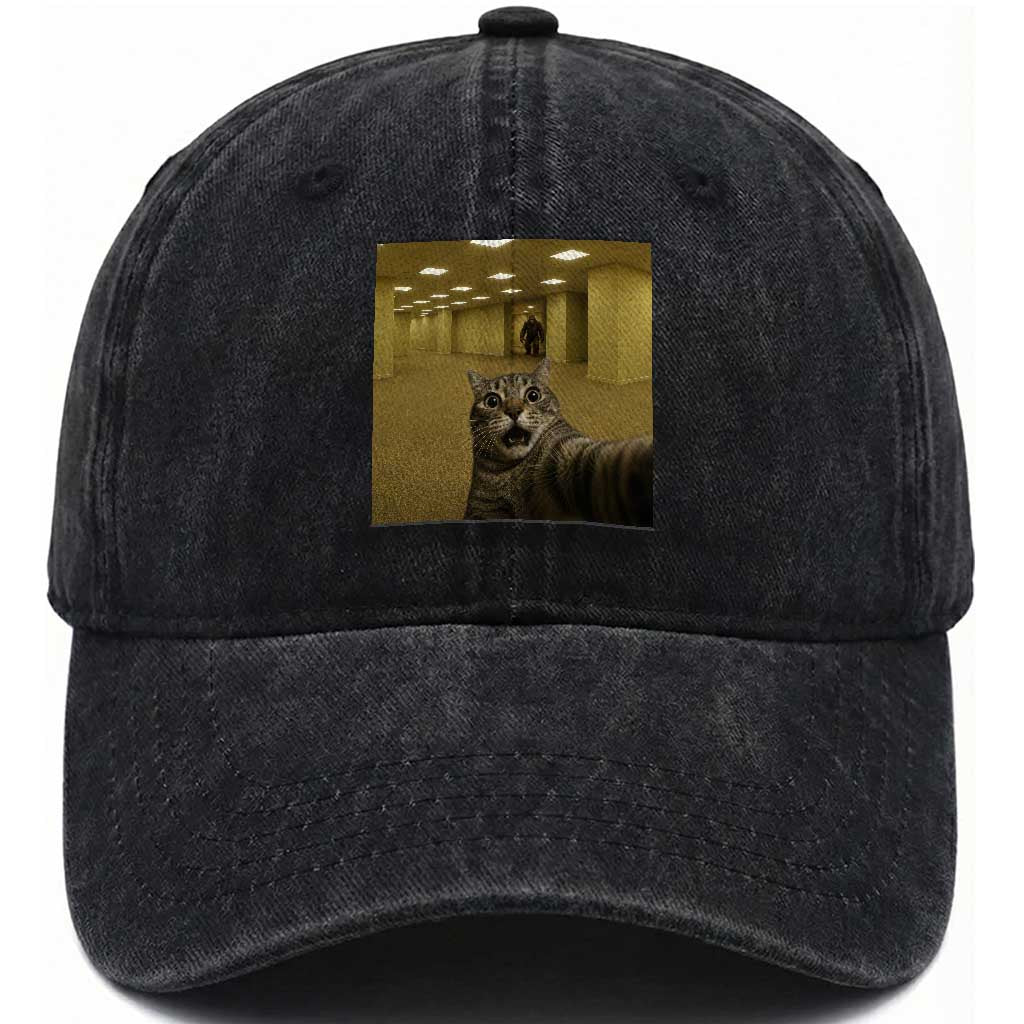 Funny Cat Selfie with Bigfoot Sasquatch Backrooms Liminal Space Meme Washed Cotton Baseball Cap TS10 Print Your Wear