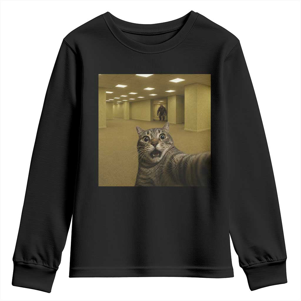 Funny Cat Selfie with Bigfoot Sasquatch Backrooms Liminal Space Meme Youth Sweatshirt TS10 Black Print Your Wear