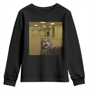 Funny Cat Selfie with Bigfoot Sasquatch Backrooms Liminal Space Meme Youth Sweatshirt TS10 Black Print Your Wear