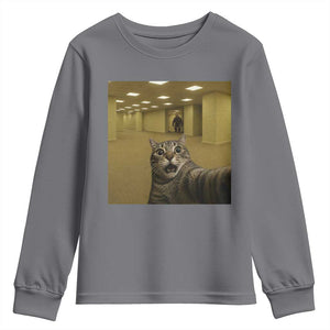 Funny Cat Selfie with Bigfoot Sasquatch Backrooms Liminal Space Meme Youth Sweatshirt TS10 Charcoal Print Your Wear