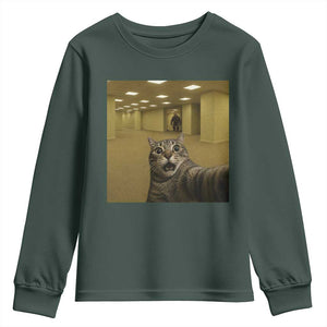 Funny Cat Selfie with Bigfoot Sasquatch Backrooms Liminal Space Meme Youth Sweatshirt TS10 Dark Forest Green Print Your Wear