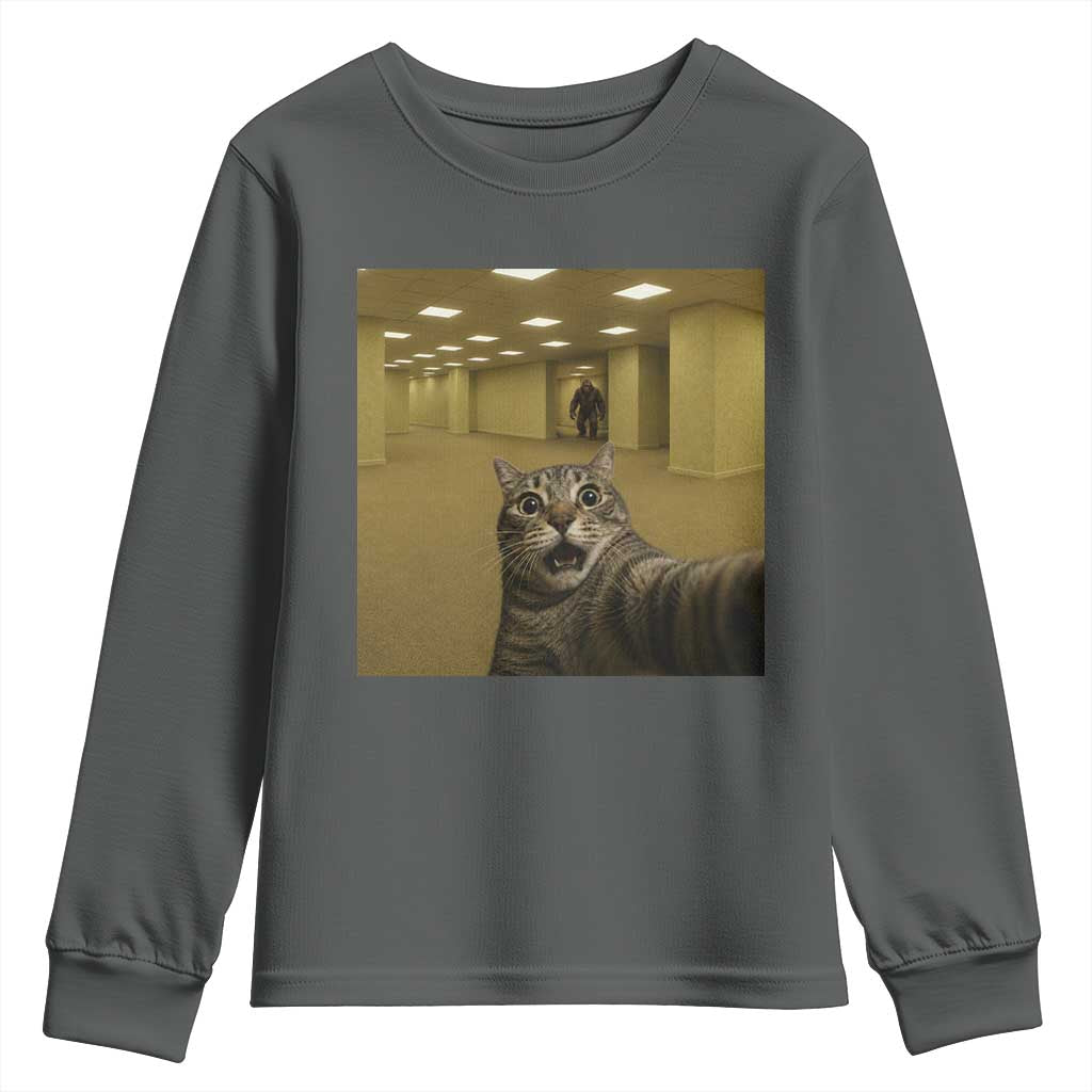 Funny Cat Selfie with Bigfoot Sasquatch Backrooms Liminal Space Meme Youth Sweatshirt TS10 Dark Heather Print Your Wear