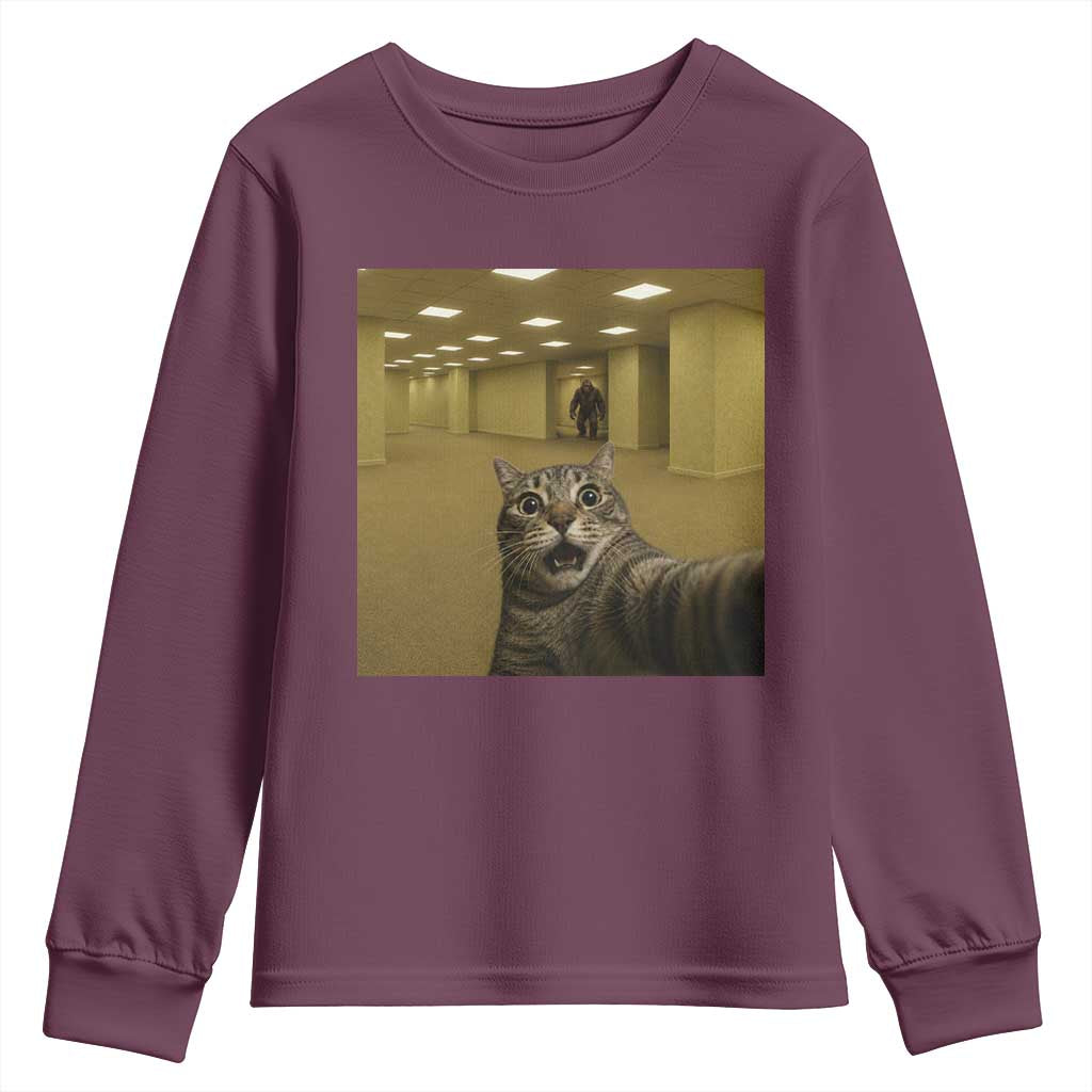 Funny Cat Selfie with Bigfoot Sasquatch Backrooms Liminal Space Meme Youth Sweatshirt TS10 Maroon Print Your Wear