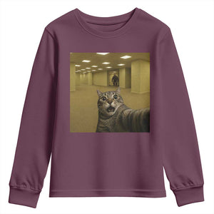 Funny Cat Selfie with Bigfoot Sasquatch Backrooms Liminal Space Meme Youth Sweatshirt TS10 Maroon Print Your Wear
