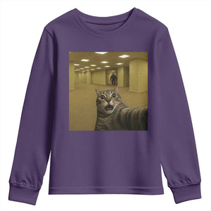 Funny Cat Selfie with Bigfoot Sasquatch Backrooms Liminal Space Meme Youth Sweatshirt TS10 Purple Print Your Wear