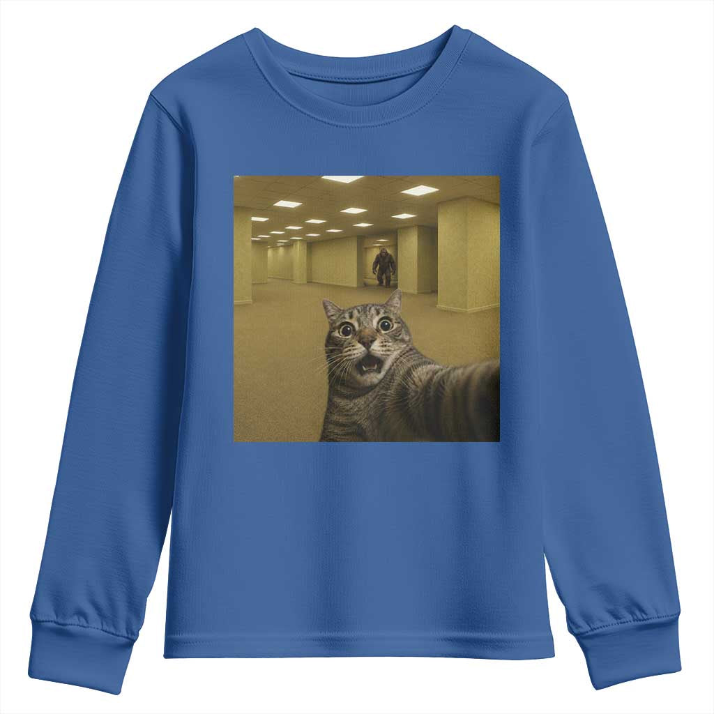 Funny Cat Selfie with Bigfoot Sasquatch Backrooms Liminal Space Meme Youth Sweatshirt TS10 Royal Blue Print Your Wear