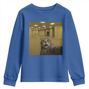 Funny Cat Selfie with Bigfoot Sasquatch Backrooms Liminal Space Meme Youth Sweatshirt TS10 Royal Blue Print Your Wear