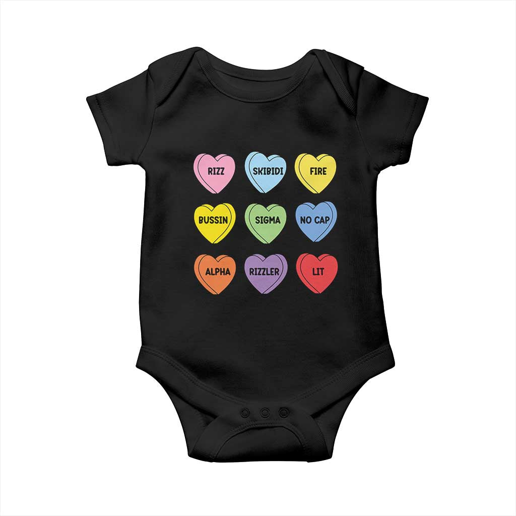 Funny Skibidi Valentine's Day Baby Onesie Rizz No Cap Conversation Hearts Sigma TS10 Black Print Your Wear