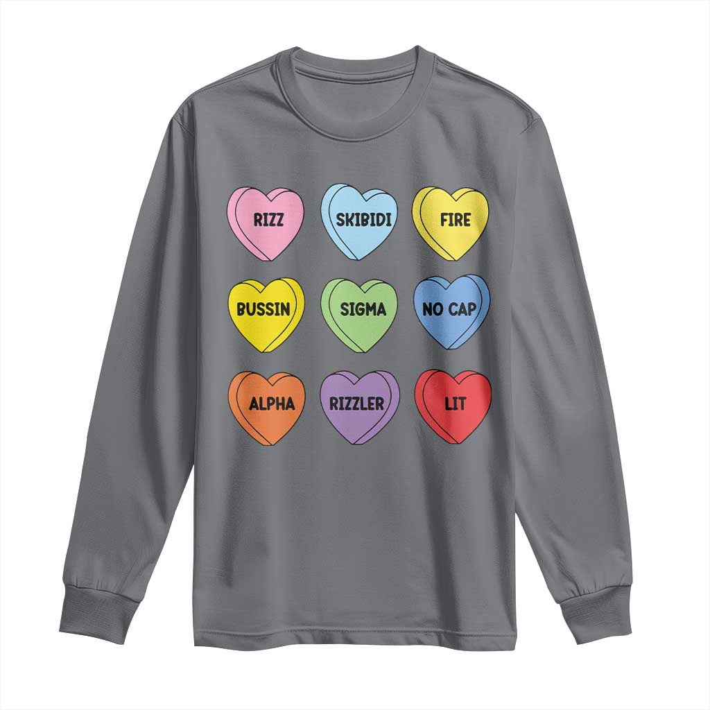 Funny Skibidi Valentine's Day Long Sleeve Shirt Rizz No Cap Conversation Hearts Sigma TS10 Charcoal Print Your Wear