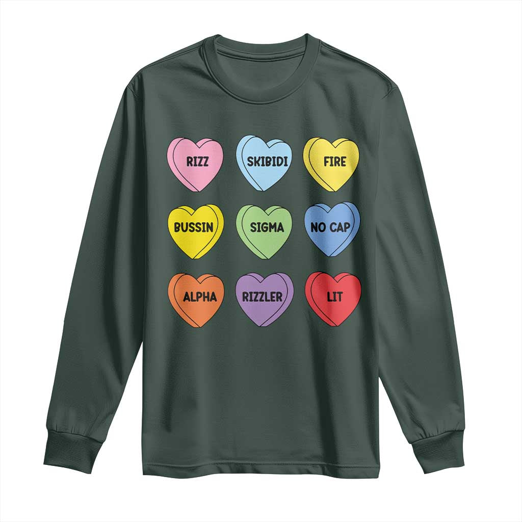 Funny Skibidi Valentine's Day Long Sleeve Shirt Rizz No Cap Conversation Hearts Sigma TS10 Dark Forest Green Print Your Wear