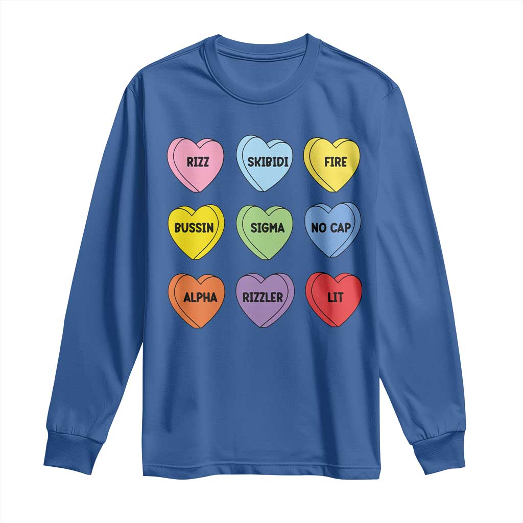 Funny Skibidi Valentine's Day Long Sleeve Shirt Rizz No Cap Conversation Hearts Sigma TS10 Royal Blue Print Your Wear