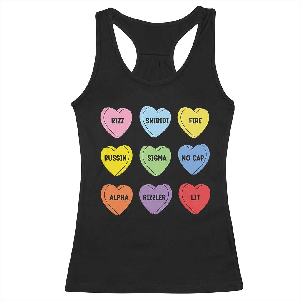 Funny Skibidi Valentine's Day Racerback Tank Top Rizz No Cap Conversation Hearts Sigma TS10 Black Print Your Wear