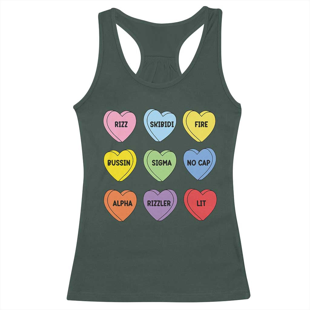 Funny Skibidi Valentine's Day Racerback Tank Top Rizz No Cap Conversation Hearts Sigma TS10 Dark Forest Green Print Your Wear