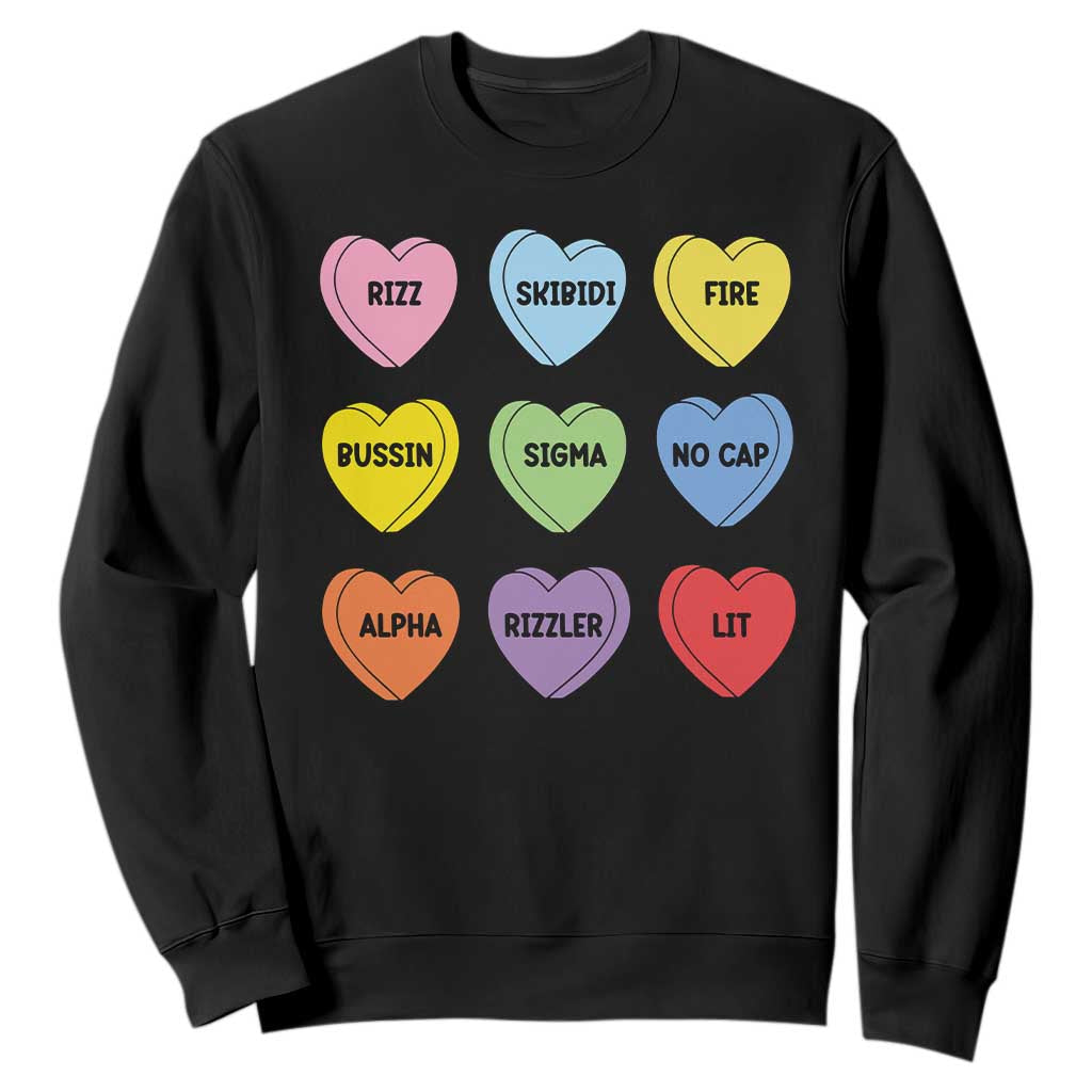 Funny Skibidi Valentine's Day Sweatshirt Rizz No Cap Conversation Hearts Sigma TS10 Black Print Your Wear