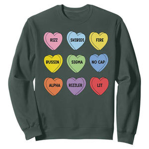Funny Skibidi Valentine's Day Sweatshirt Rizz No Cap Conversation Hearts Sigma TS10 Dark Forest Green Print Your Wear
