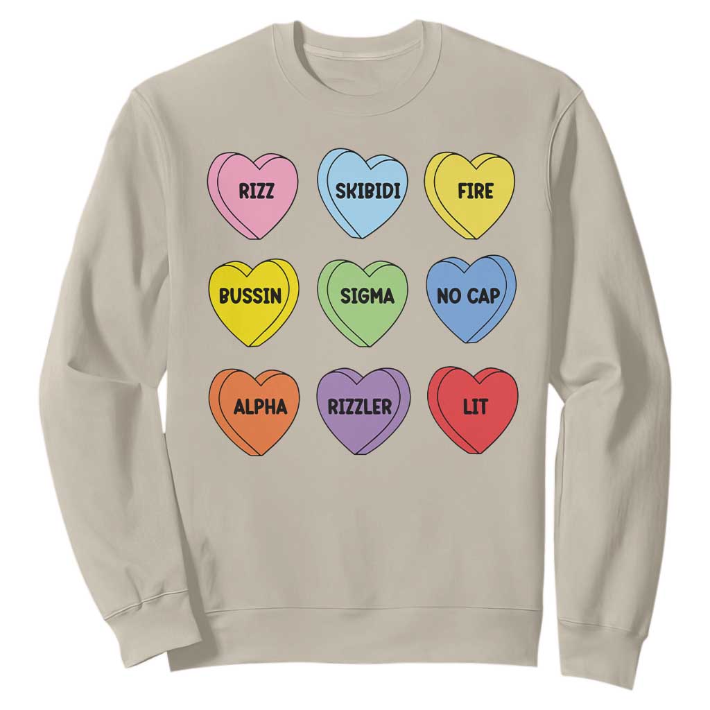 Funny Skibidi Valentine's Day Sweatshirt Rizz No Cap Conversation Hearts Sigma TS10 Sand Print Your Wear
