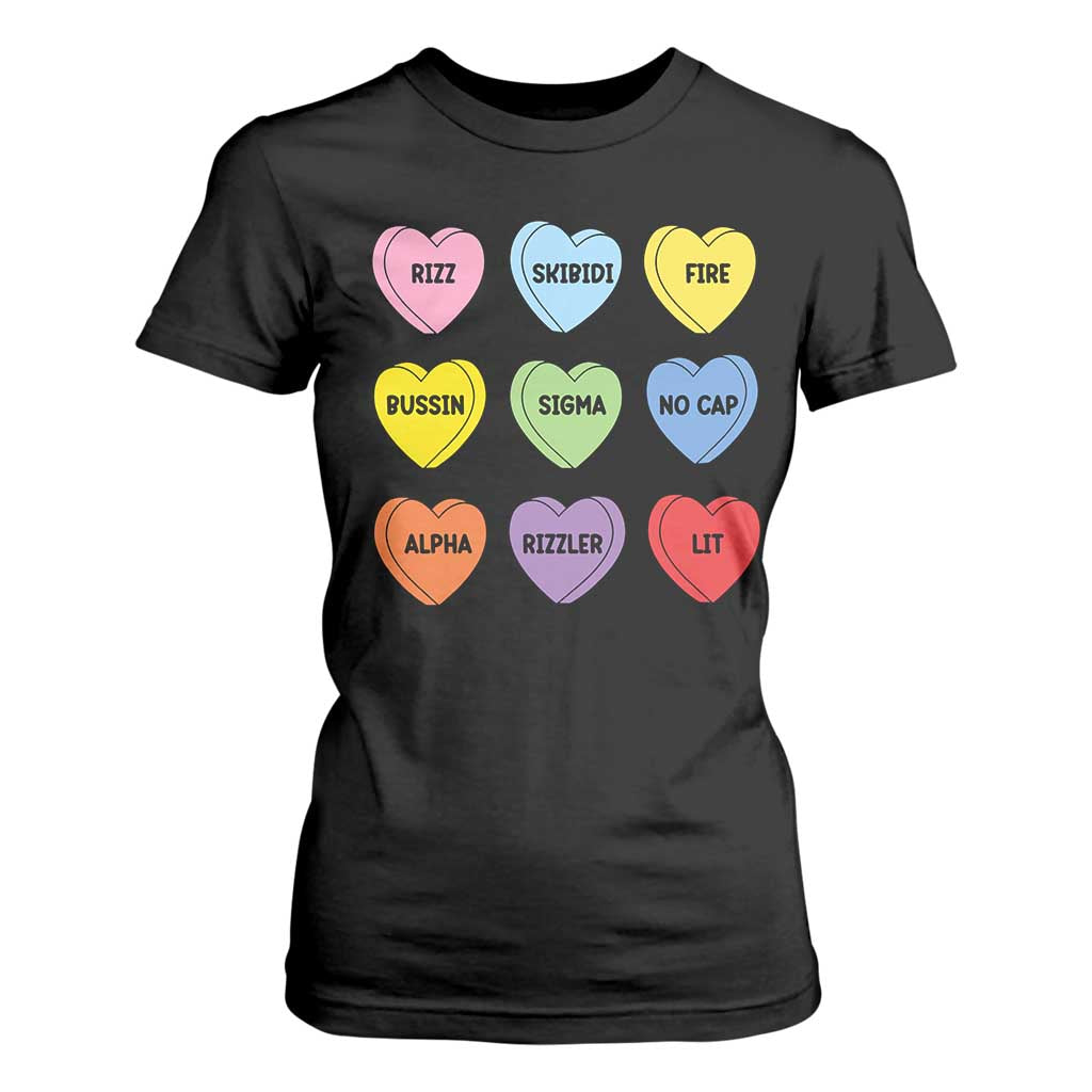 Funny Skibidi Valentine's Day T Shirt For Women Rizz No Cap Conversation Hearts Sigma TS10 Black Print Your Wear