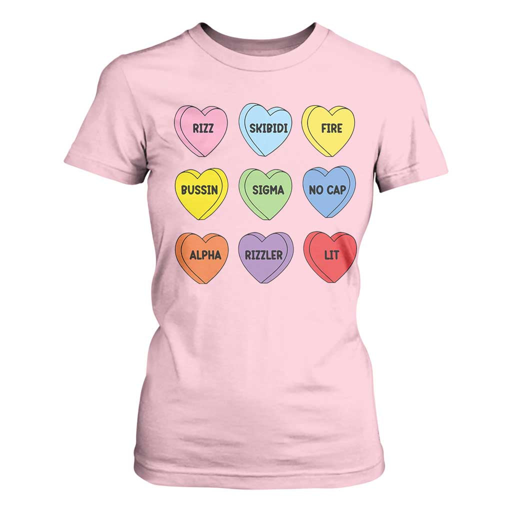 Funny Skibidi Valentine's Day T Shirt For Women Rizz No Cap Conversation Hearts Sigma TS10 Light Pink Print Your Wear