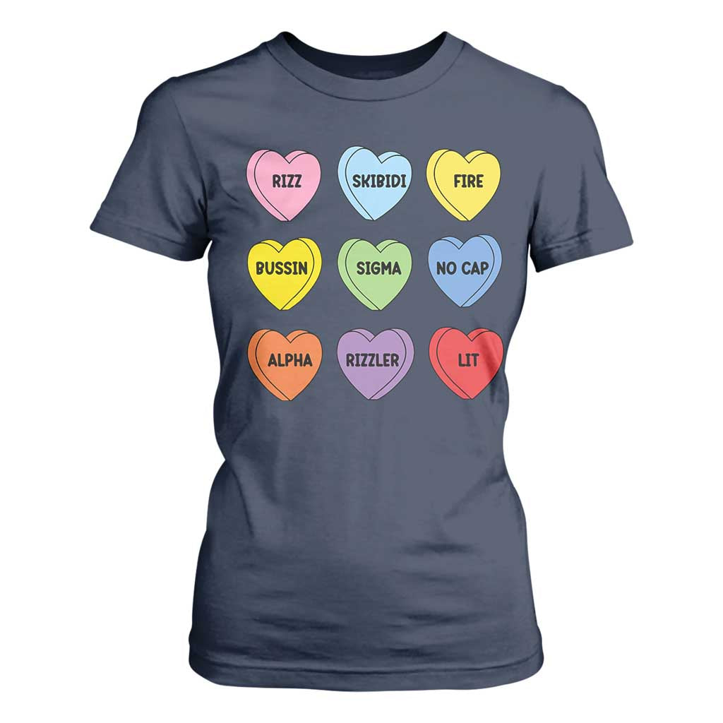 Funny Skibidi Valentine's Day T Shirt For Women Rizz No Cap Conversation Hearts Sigma TS10 Navy Print Your Wear