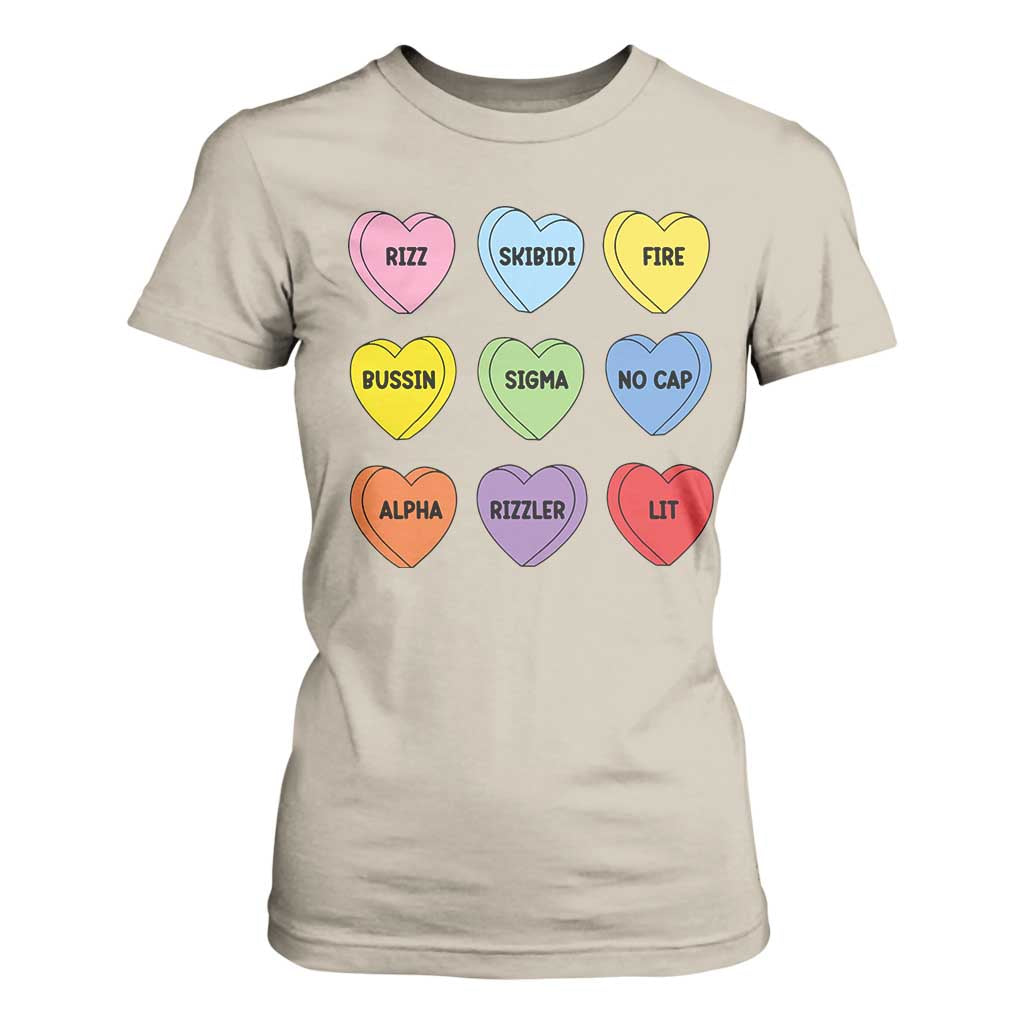 Funny Skibidi Valentine's Day T Shirt For Women Rizz No Cap Conversation Hearts Sigma TS10 Sand Print Your Wear