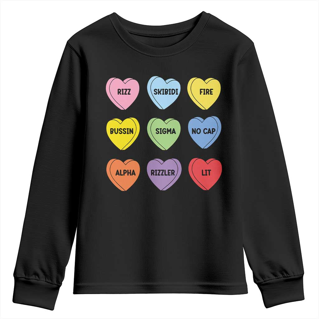 Funny Skibidi Valentine's Day Youth Sweatshirt Rizz No Cap Conversation Hearts Sigma TS10 Black Print Your Wear