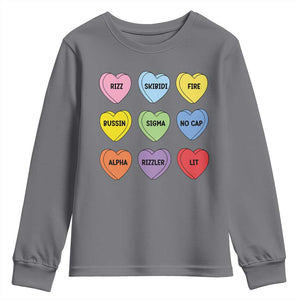 Funny Skibidi Valentine's Day Youth Sweatshirt Rizz No Cap Conversation Hearts Sigma TS10 Charcoal Print Your Wear