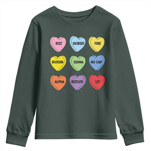 Funny Skibidi Valentine's Day Youth Sweatshirt Rizz No Cap Conversation Hearts Sigma TS10 Dark Forest Green Print Your Wear