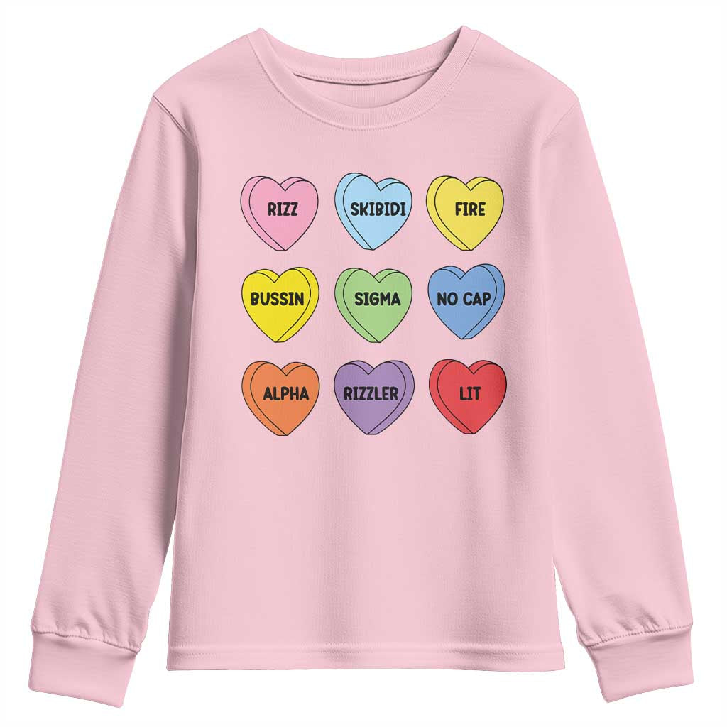 Funny Skibidi Valentine's Day Youth Sweatshirt Rizz No Cap Conversation Hearts Sigma TS10 Light Pink Print Your Wear