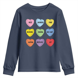 Funny Skibidi Valentine's Day Youth Sweatshirt Rizz No Cap Conversation Hearts Sigma TS10 Navy Print Your Wear