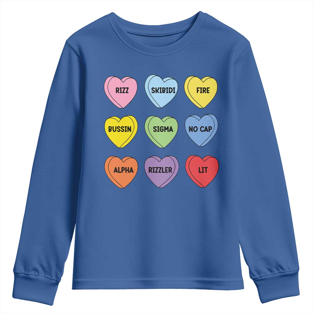 Funny Skibidi Valentine's Day Youth Sweatshirt Rizz No Cap Conversation Hearts Sigma TS10 Royal Blue Print Your Wear