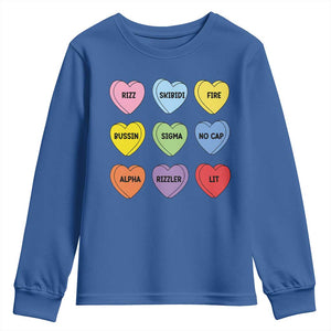 Funny Skibidi Valentine's Day Youth Sweatshirt Rizz No Cap Conversation Hearts Sigma TS10 Royal Blue Print Your Wear