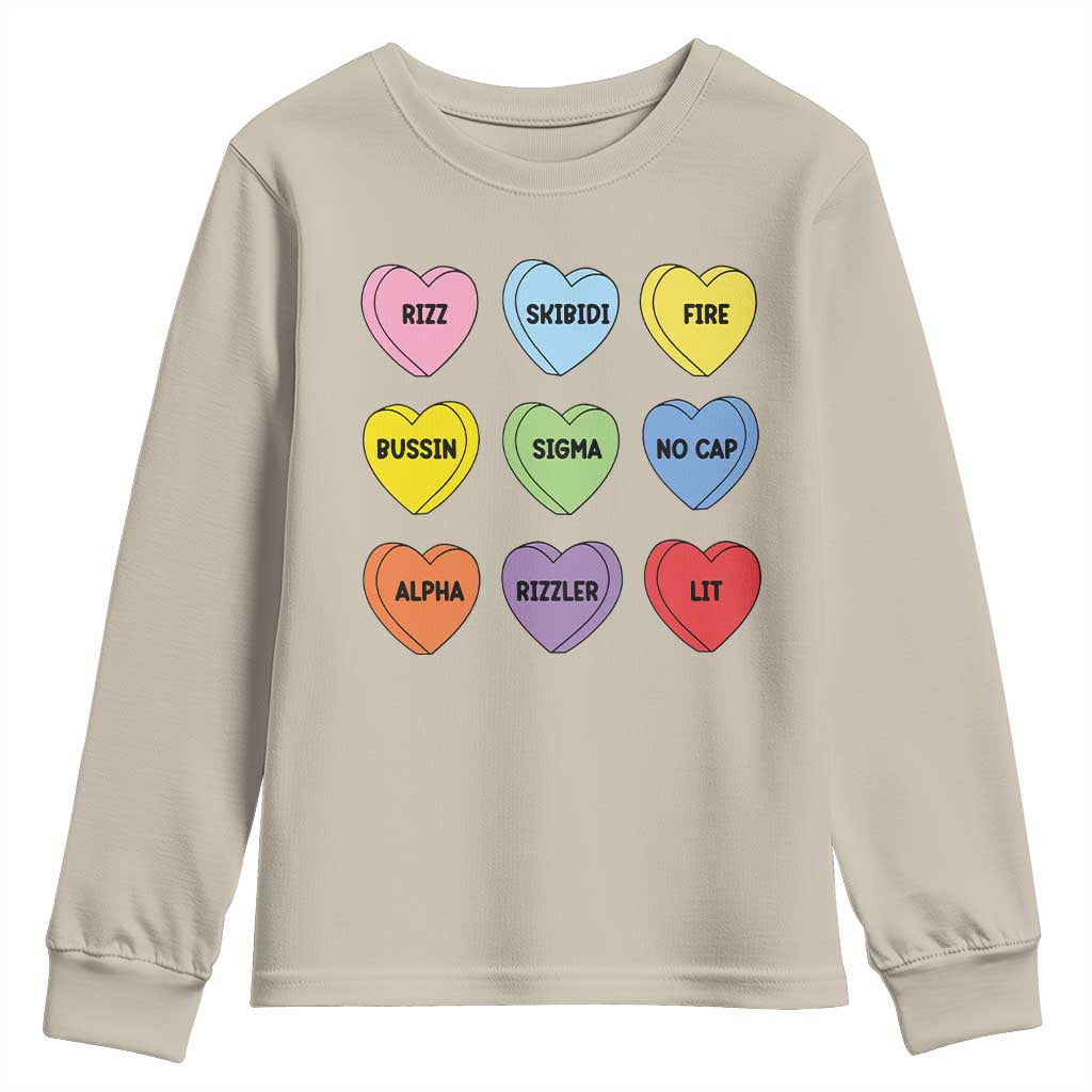Funny Skibidi Valentine's Day Youth Sweatshirt Rizz No Cap Conversation Hearts Sigma TS10 Sand Print Your Wear