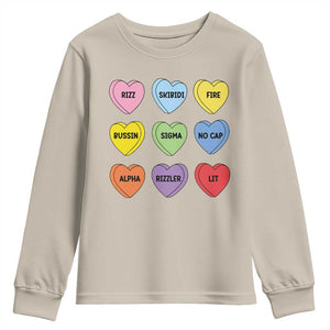 Funny Skibidi Valentine's Day Youth Sweatshirt Rizz No Cap Conversation Hearts Sigma TS10 Sand Print Your Wear