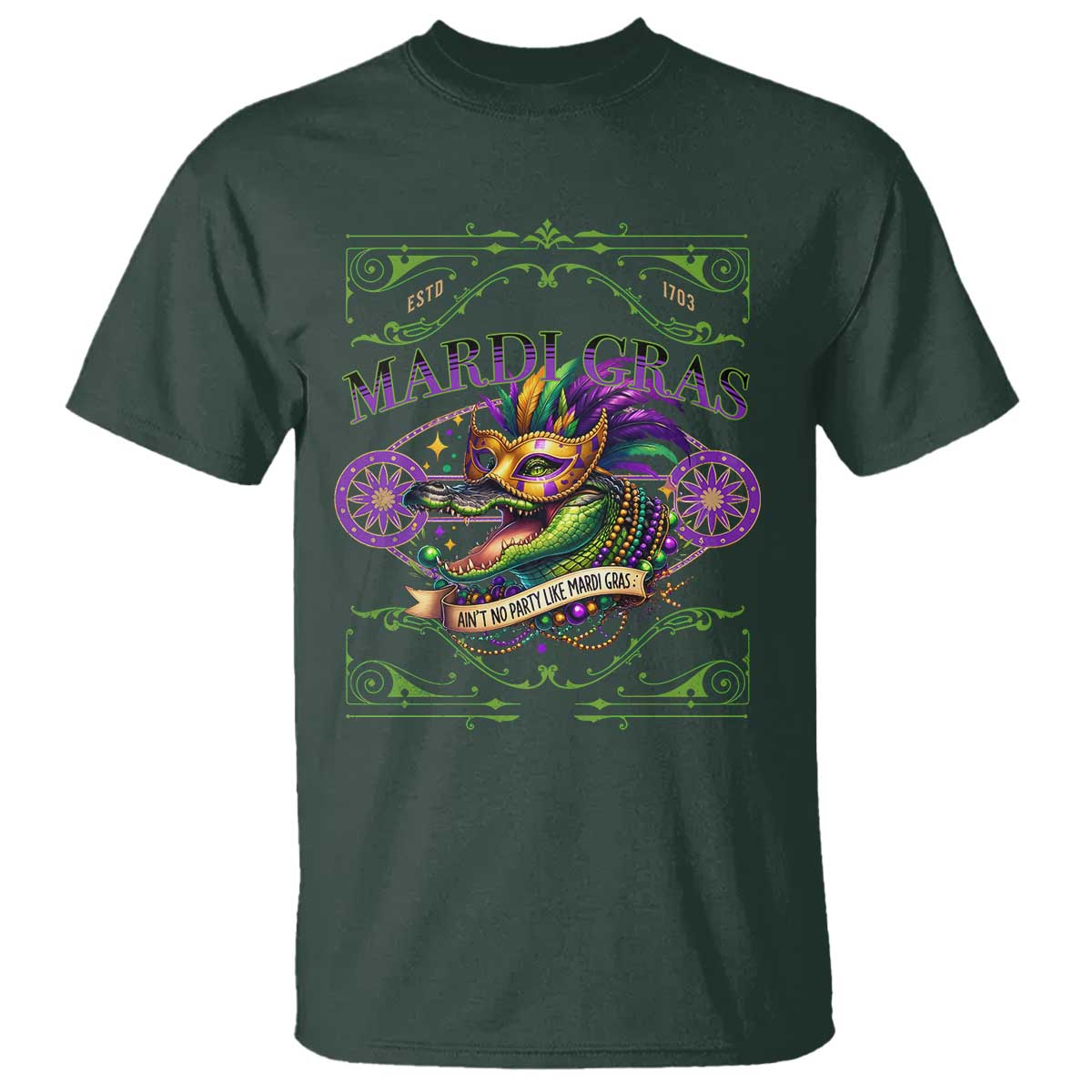 Mardi Gras Crocodile T Shirt Mardigator Alligator Costume Carnival Ain't No Party Like Mardi Gras TS10 Dark Forest Green Print Your Wear