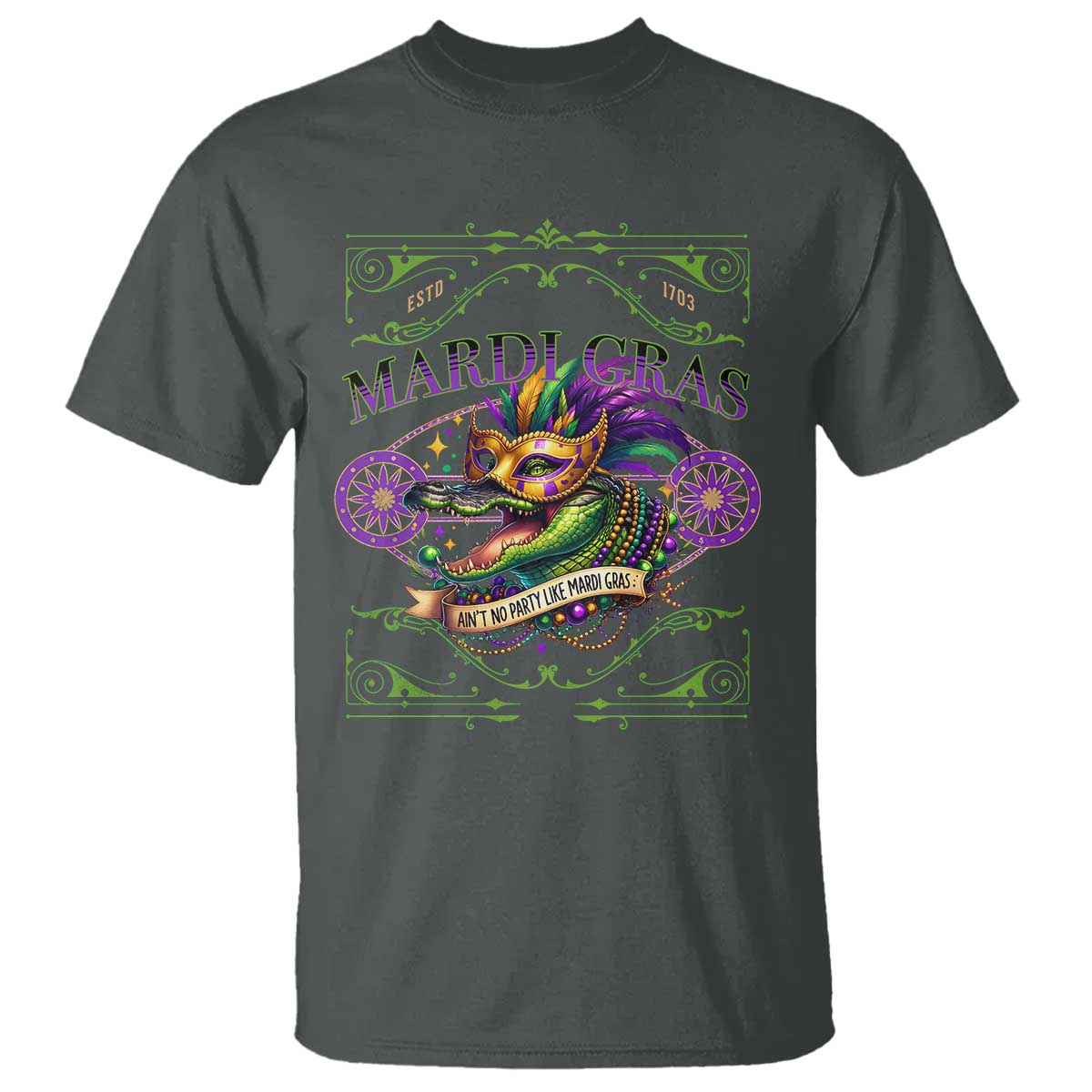 Mardi Gras Crocodile T Shirt Mardigator Alligator Costume Carnival Ain't No Party Like Mardi Gras TS10 Dark Heather Print Your Wear