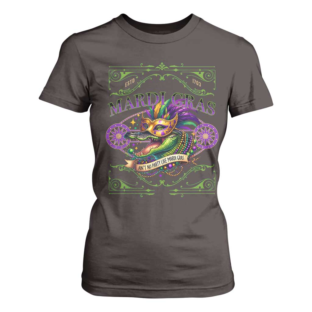Mardi Gras Crocodile T Shirt For Women Mardigator Alligator Costume Carnival Ain't No Party Like Mardi Gras TS10 Dark Chocolate Print Your Wear