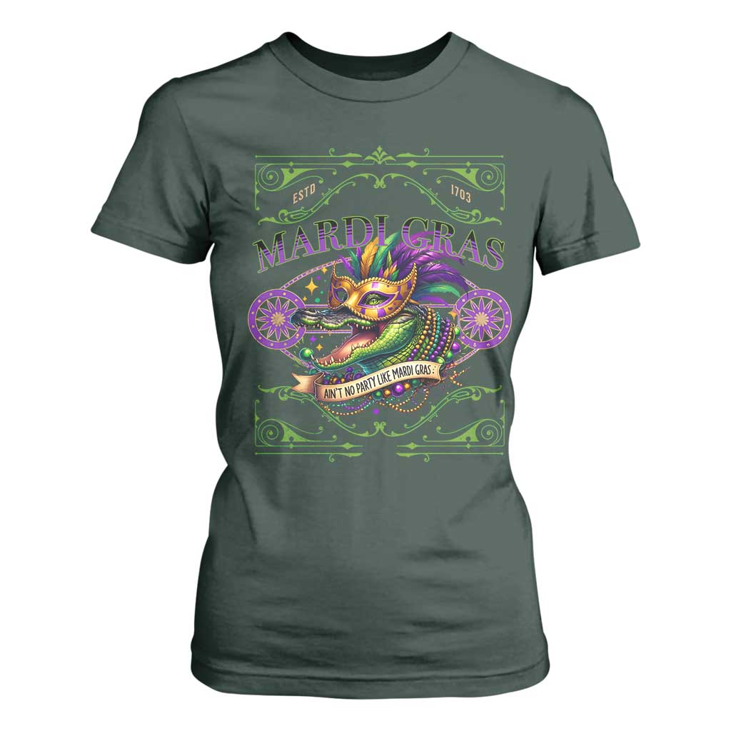 Mardi Gras Crocodile T Shirt For Women Mardigator Alligator Costume Carnival Ain't No Party Like Mardi Gras TS10 Dark Forest Green Print Your Wear