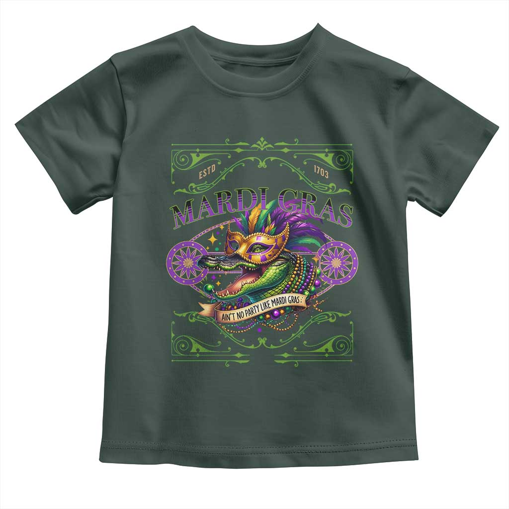 Mardi Gras Crocodile Toddler T Shirt Mardigator Alligator Costume Carnival Ain't No Party Like Mardi Gras TS10 Dark Forest Green Print Your Wear