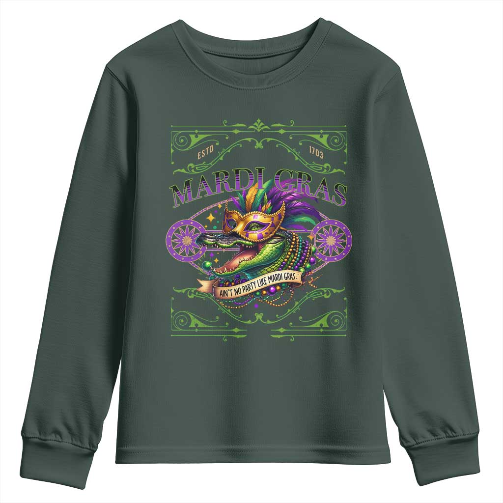 Mardi Gras Crocodile Youth Sweatshirt Mardigator Alligator Costume Carnival Ain't No Party Like Mardi Gras TS10 Dark Forest Green Print Your Wear
