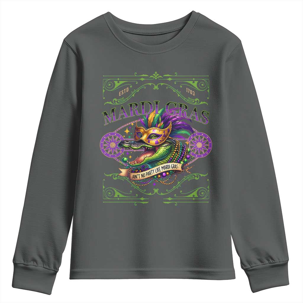 Mardi Gras Crocodile Youth Sweatshirt Mardigator Alligator Costume Carnival Ain't No Party Like Mardi Gras TS10 Dark Heather Print Your Wear