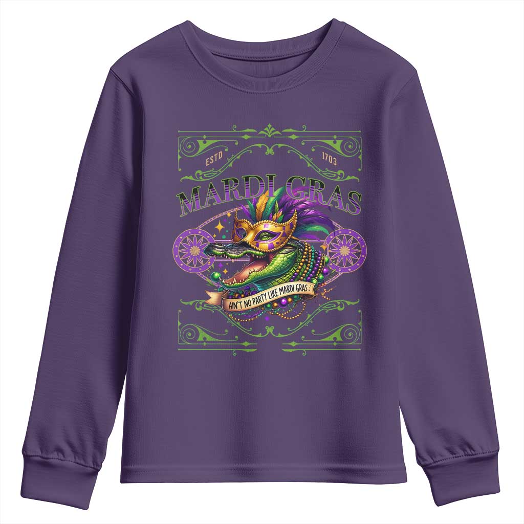 Mardi Gras Crocodile Youth Sweatshirt Mardigator Alligator Costume Carnival Ain't No Party Like Mardi Gras TS10 Purple Print Your Wear