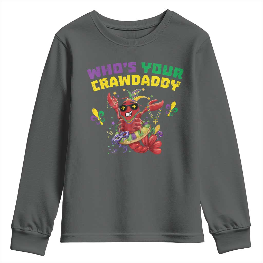 Mardi Gras Crawfish Youth Sweatshirt Whos Your Crawdaddy Jester Beads TS10 Dark Heather Print Your Wear