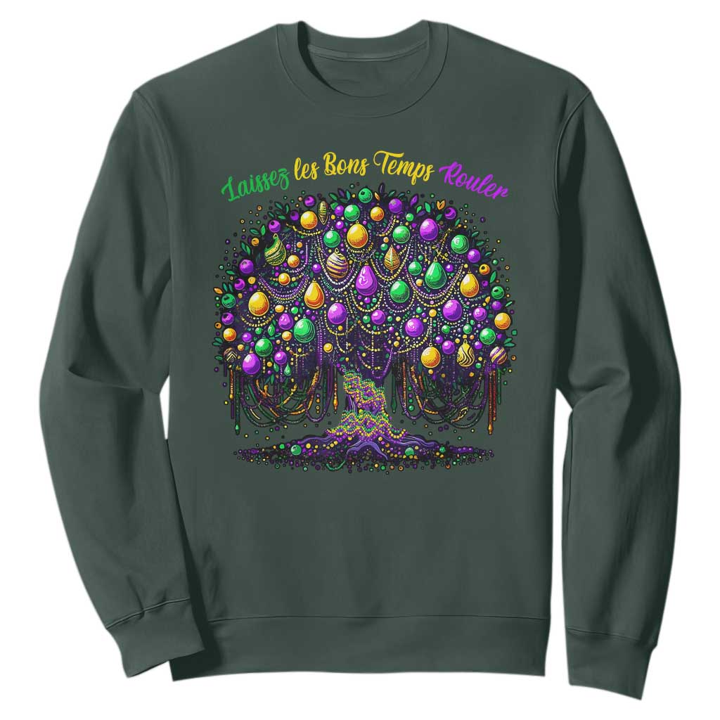 Mardi Gras Bead Tree Sweatshirt Carnival New Orleans 2025 Laissez Les Bons Temps Rouler TS10 Dark Forest Green Print Your Wear