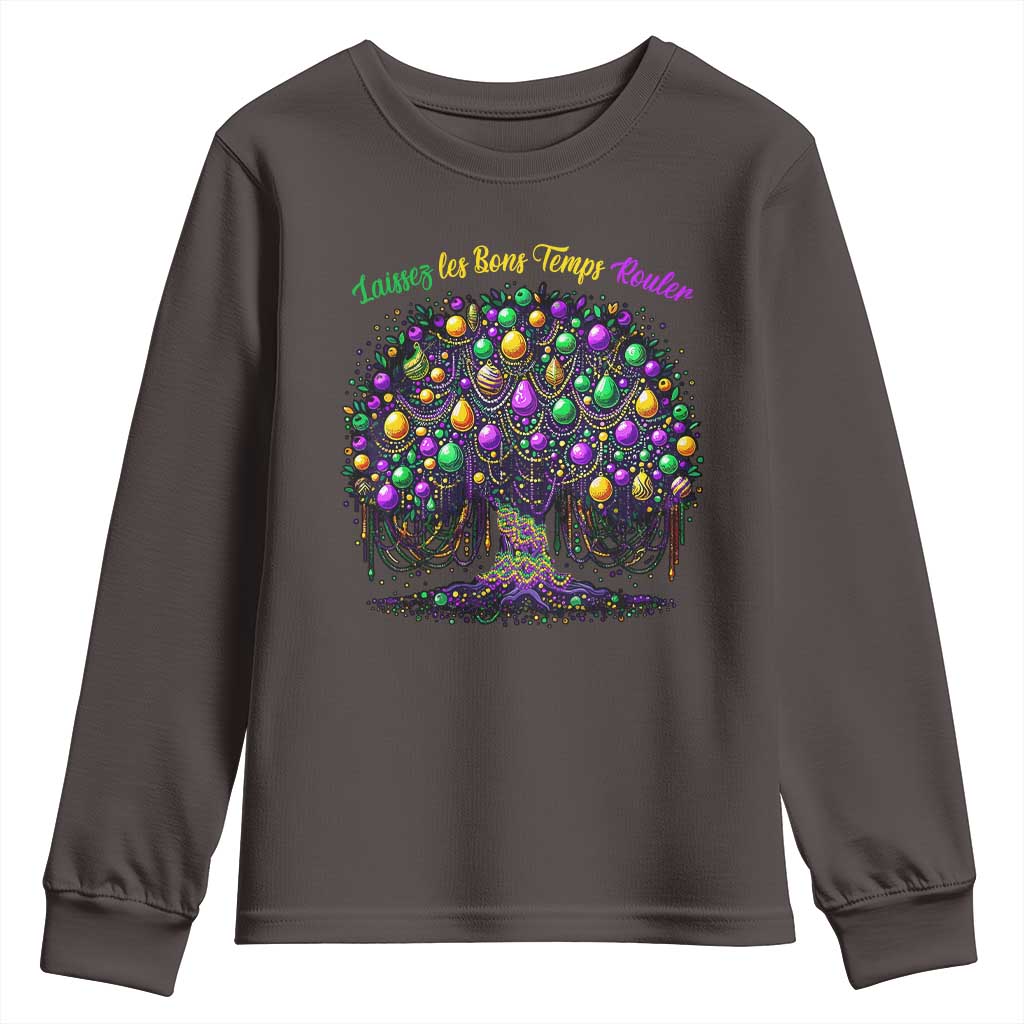 Mardi Gras Bead Tree Youth Sweatshirt Carnival New Orleans 2025 Laissez Les Bons Temps Rouler TS10 Dark Chocolate Print Your Wear