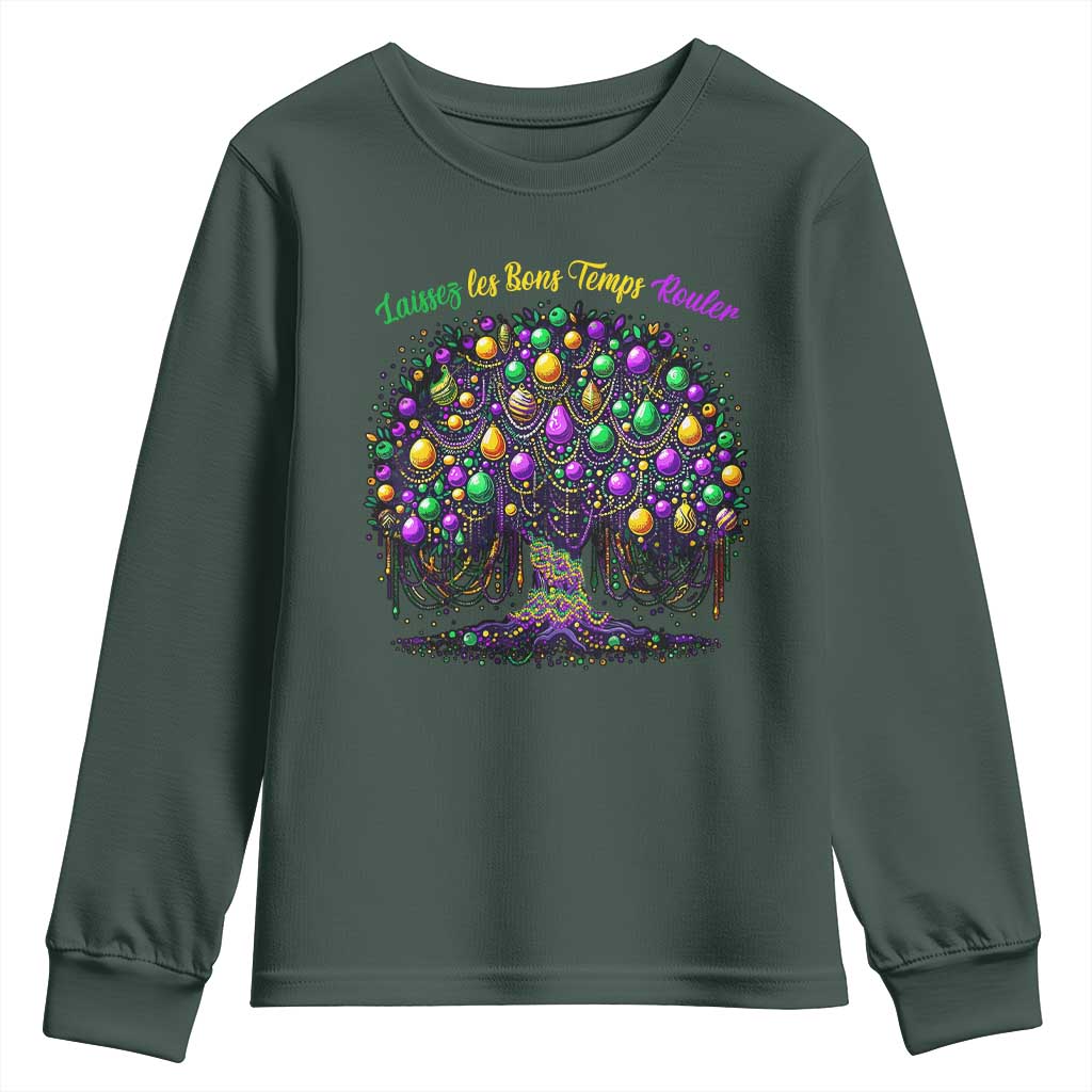 Mardi Gras Bead Tree Youth Sweatshirt Carnival New Orleans 2025 Laissez Les Bons Temps Rouler TS10 Dark Forest Green Print Your Wear