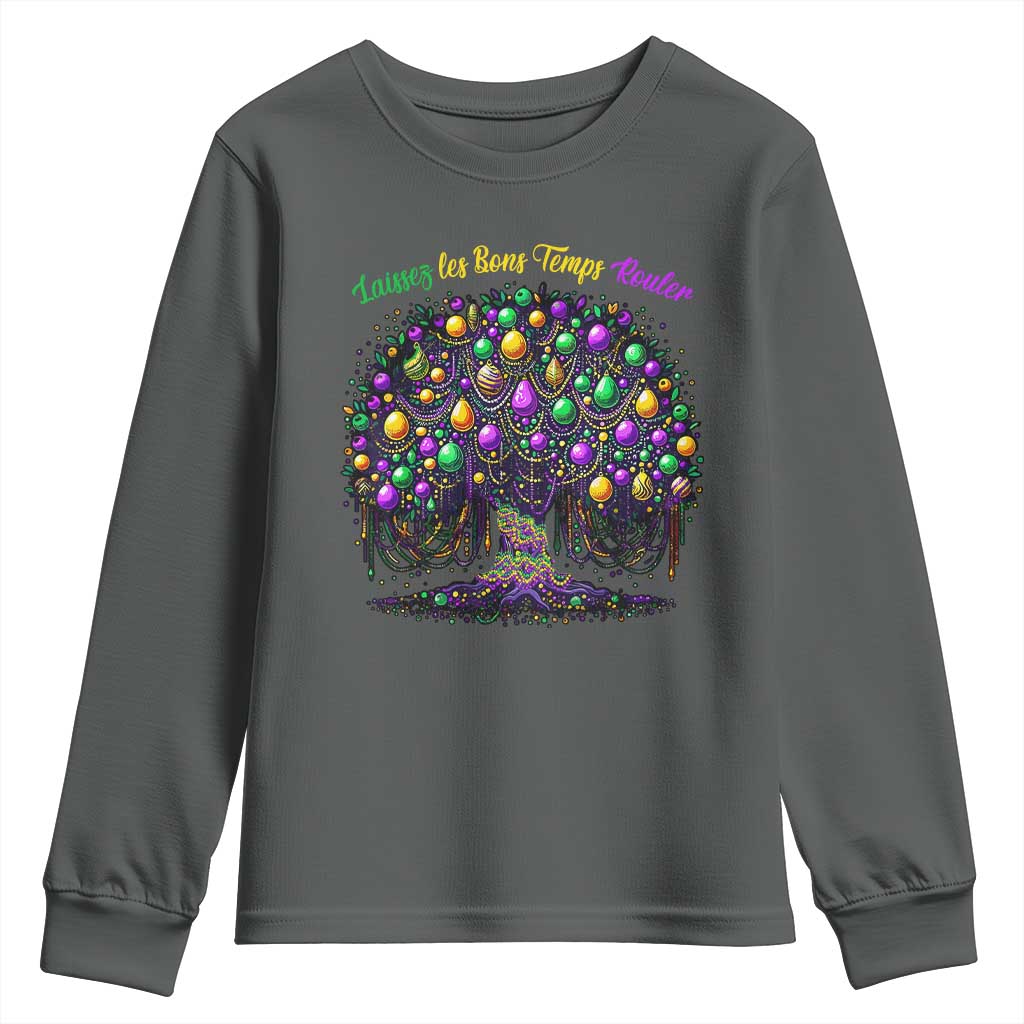 Mardi Gras Bead Tree Youth Sweatshirt Carnival New Orleans 2025 Laissez Les Bons Temps Rouler TS10 Dark Heather Print Your Wear