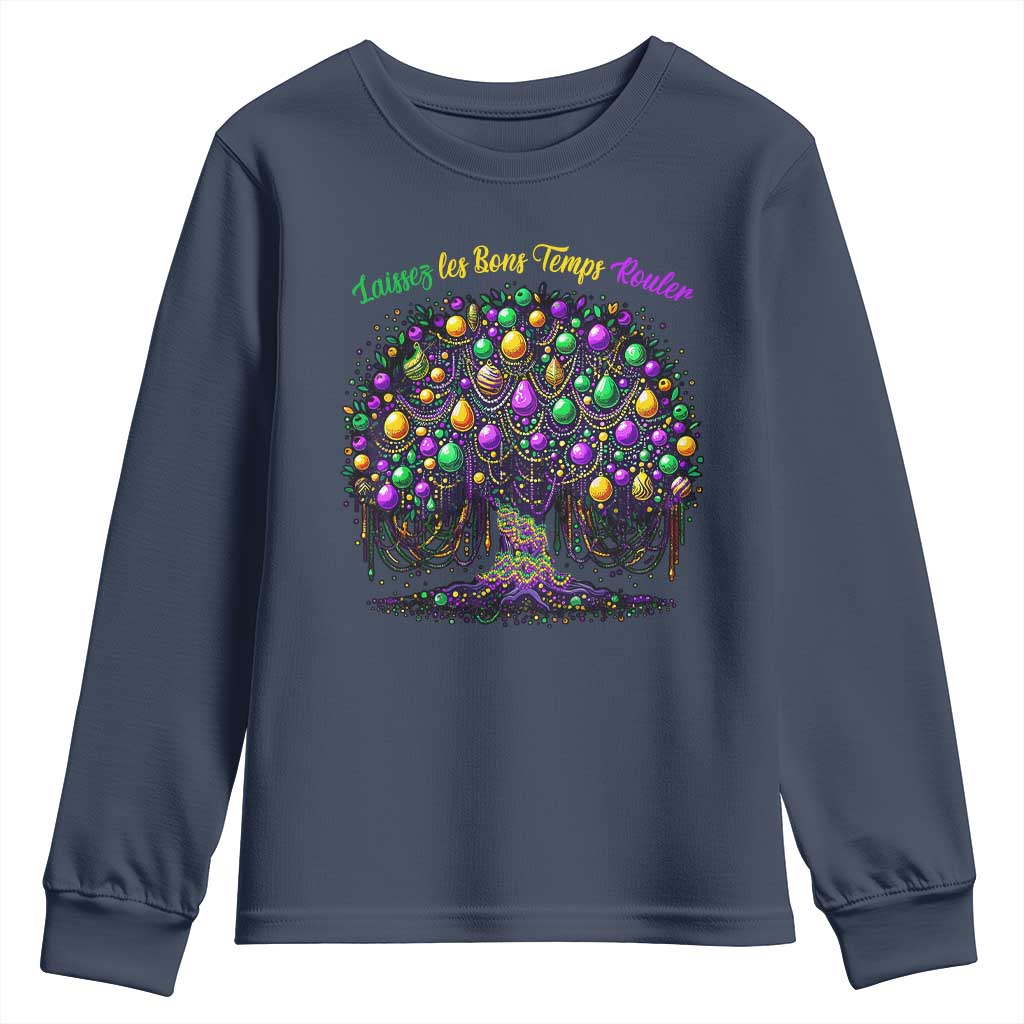 Mardi Gras Bead Tree Youth Sweatshirt Carnival New Orleans 2025 Laissez Les Bons Temps Rouler TS10 Navy Print Your Wear
