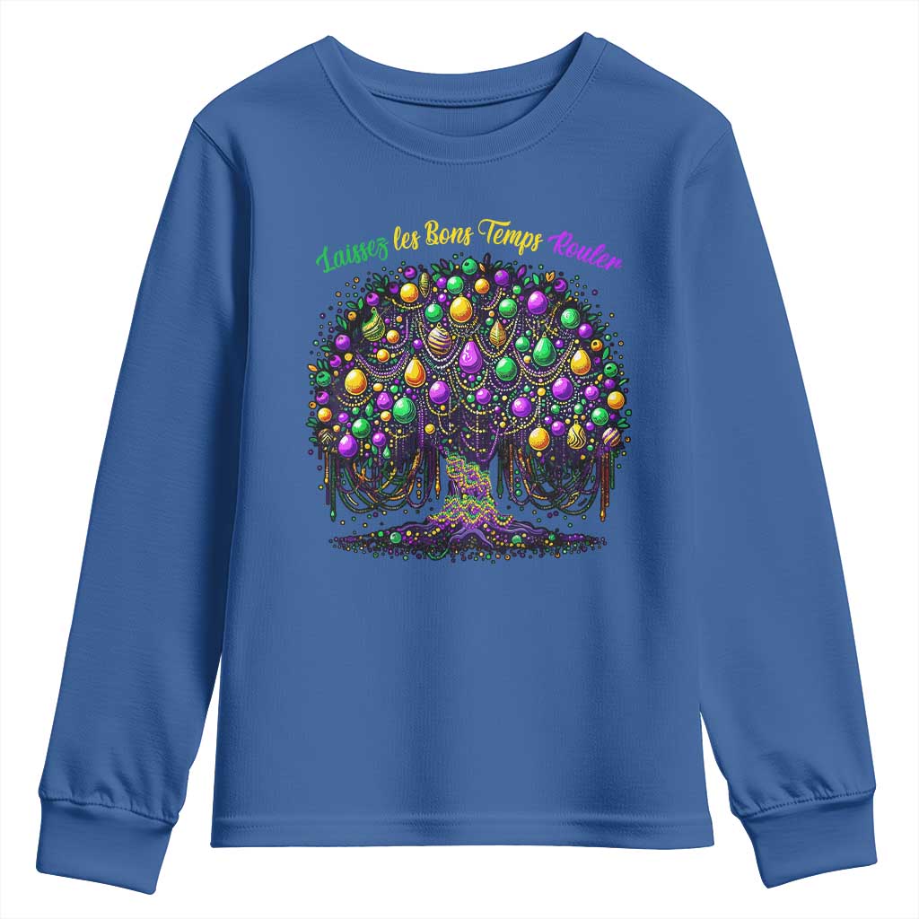 Mardi Gras Bead Tree Youth Sweatshirt Carnival New Orleans 2025 Laissez Les Bons Temps Rouler TS10 Royal Blue Print Your Wear