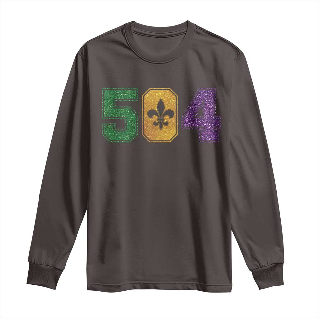 Mardi Gras 504 Nola New Orleans Louisiana Long Sleeve Shirt Glitter Print Fleur de Lis TS10 Dark Chocolate Print Your Wear