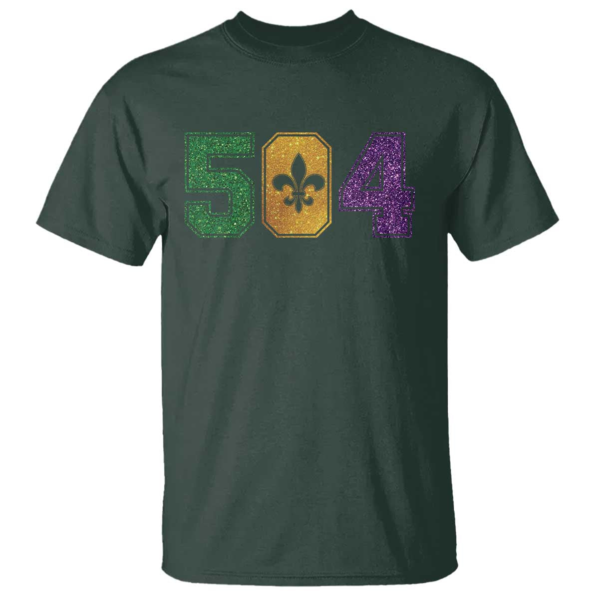 Mardi Gras 504 Nola New Orleans Louisiana T Shirt Glitter Print Fleur de Lis TS10 Dark Forest Green Print Your Wear